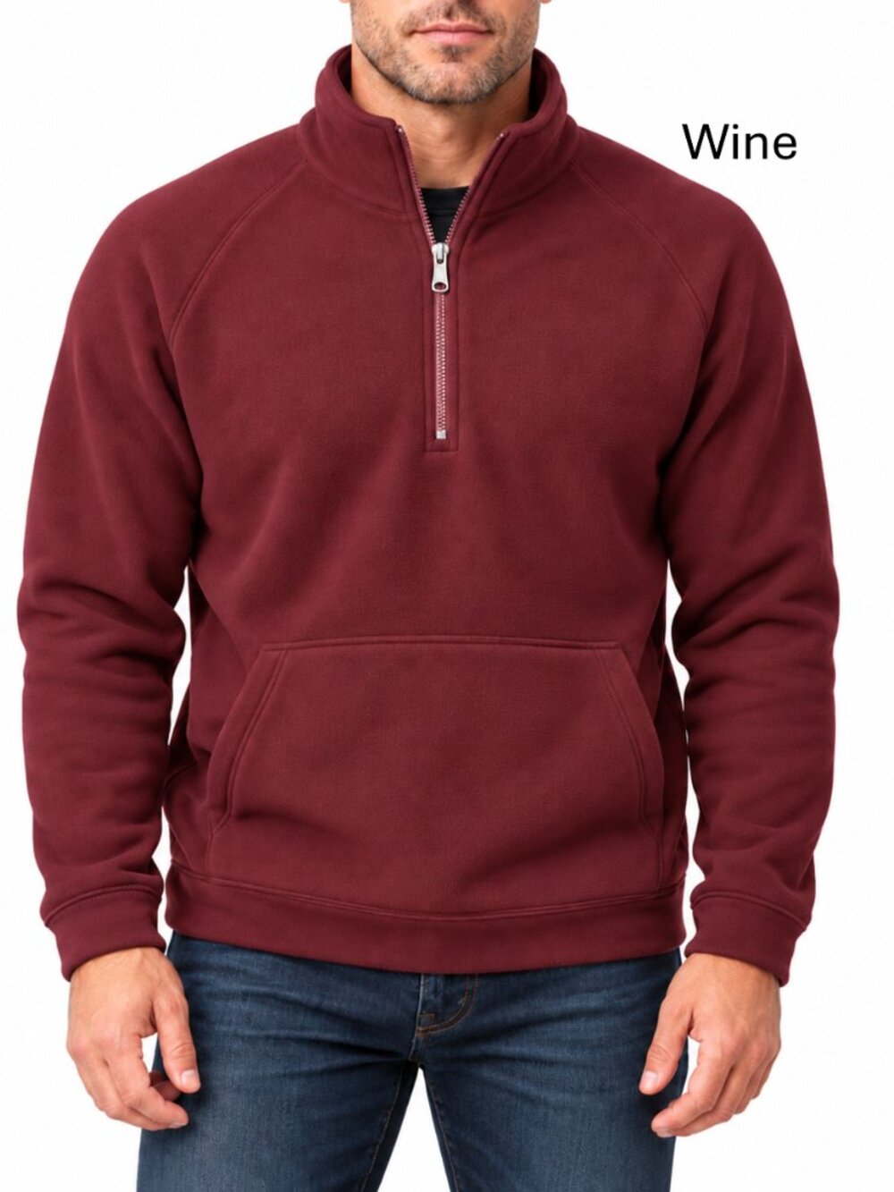 Midweight 1/4 Zip Fleece Pullover w/Kangaroo Pocket Wine Lee Hanton Men’s